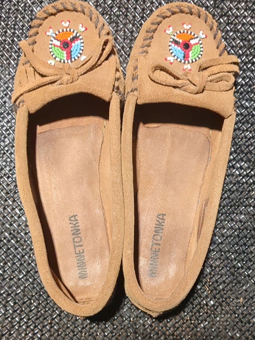 Minnetonka Tan Suede Beaded Moccasins with Bow Accent